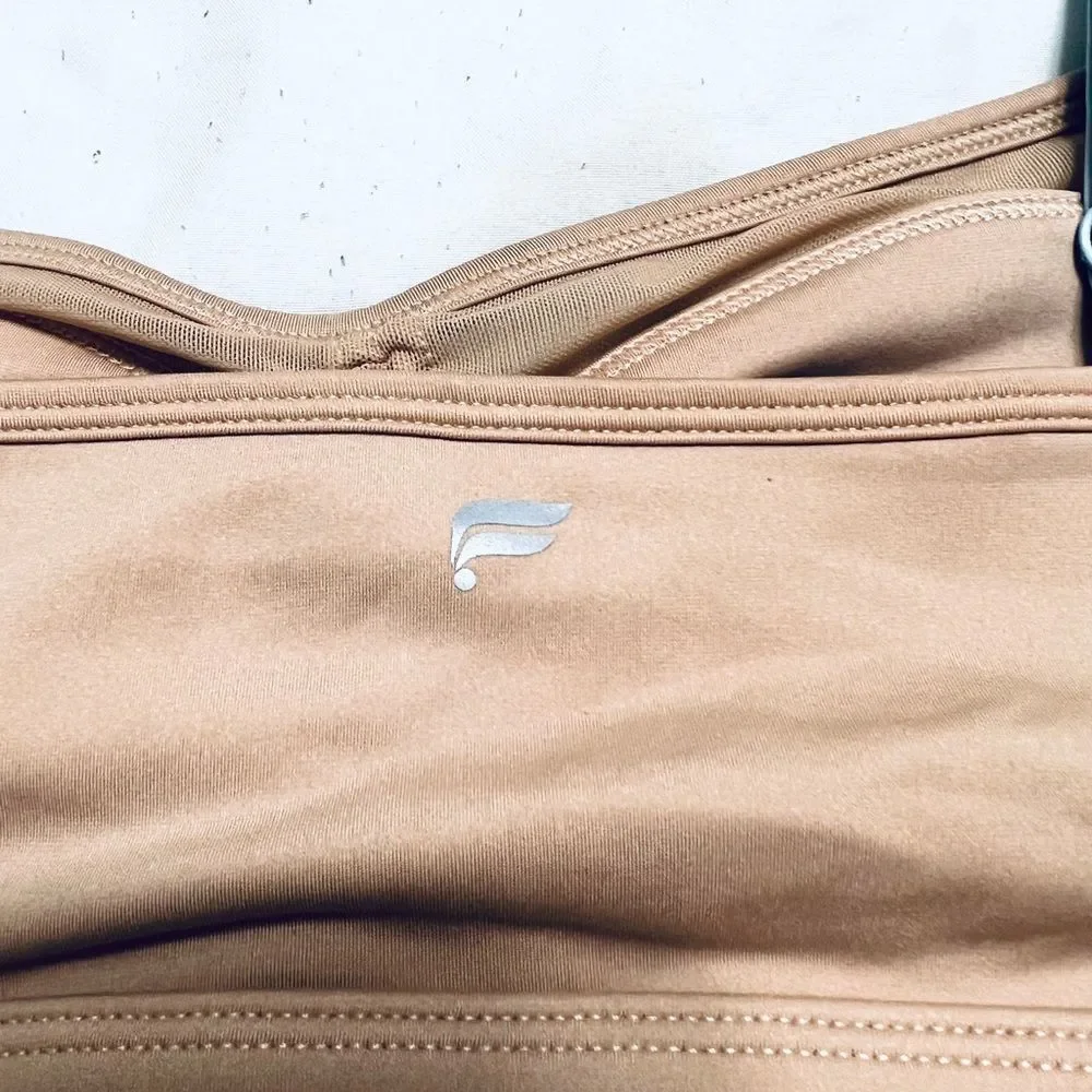 Fabletics Makayla Bra Low Impact Cinch Front Tan With Blue Straps Size L NWT
